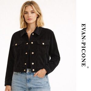 Evan-Picone Casual Black 100% Cotton Velvet Button Up Trucker Cropped Jacket EUC